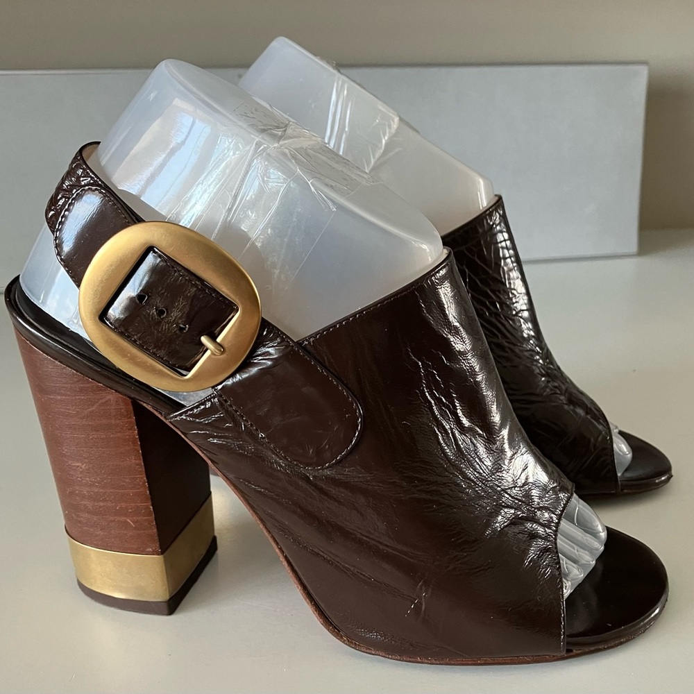 Chloe Brown Leather Peep-Toe Block Heel Sandals with Gold Buckle